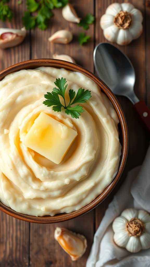 A bowl of creamy garlic mashed potatoes with butter and parsley on a rustic wooden table.